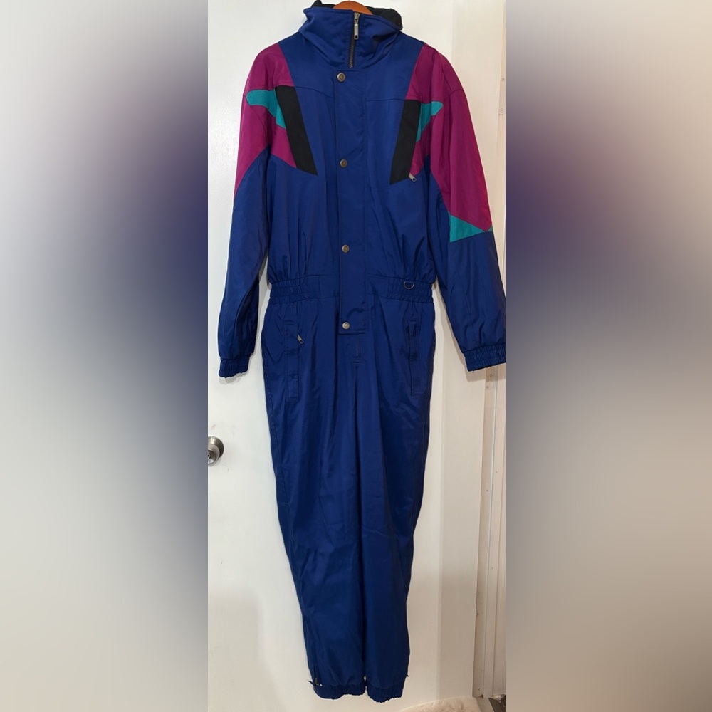 Vintage Descente Snowsuit Large Blue Color Block One Piece Ski Snowboard Retro